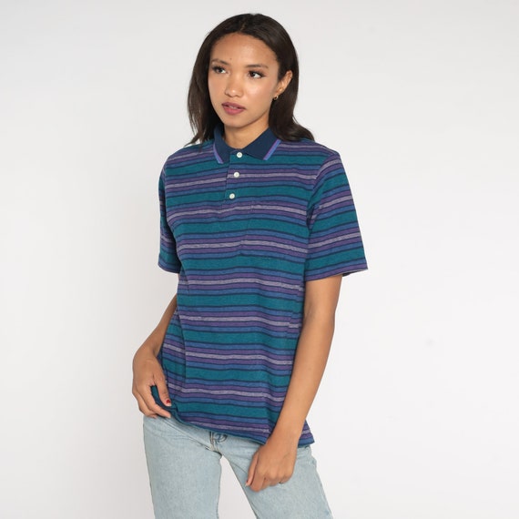 Striped Polo Shirt 90s Navy Blue Purple Green Col… - image 2