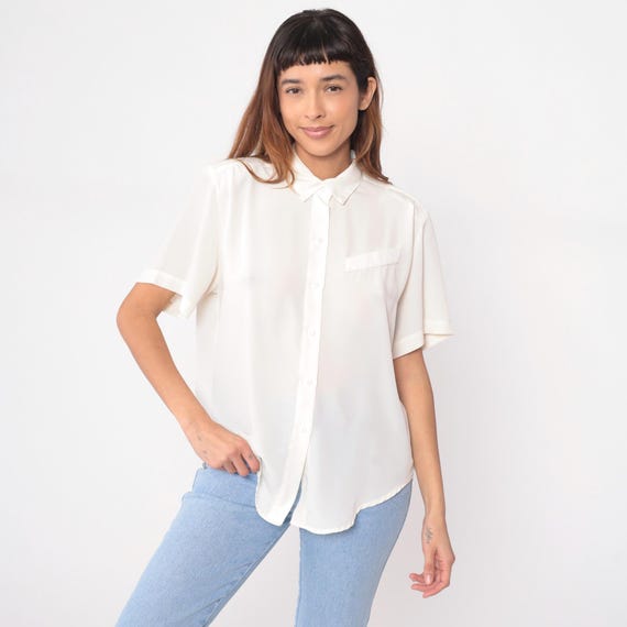Sheer White Shirt 90s Cream Blouse Short Sleeve Collared Vintage Chest Pocket Basic Minimalist Office Work Casual Preppy Ivory Medium M