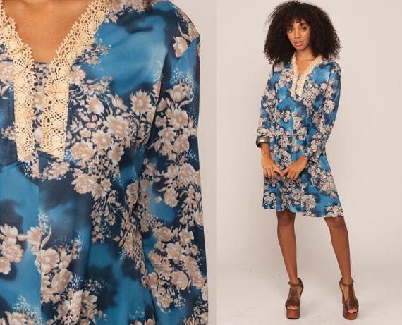 Babydoll Mini Dress Floral Print Dress 70s Boho Empire Waist Blue Lace Trim Hippie Garden Party Vintage Long Sleeve Bohemian Extra Large xl