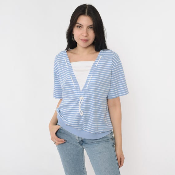 Vintage Nautical Striped Shirt 80s Light Blue White Drawstring Neck Top Slouchy Short Sleeve Banded Hem Top 1990s Medium Large Petite