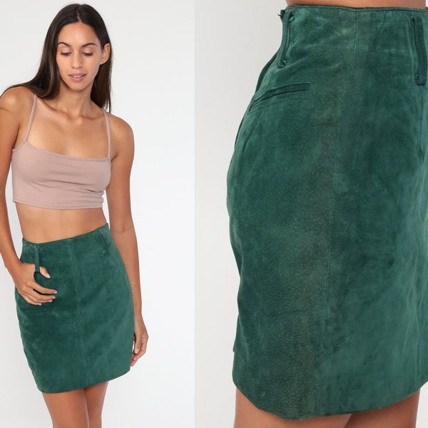Green Leather Skirt 90s Mini Skirt Suede Wiggle Skirt Pencil Party Skirt  1990s Vintage High Waist Hipster Extra Small xs