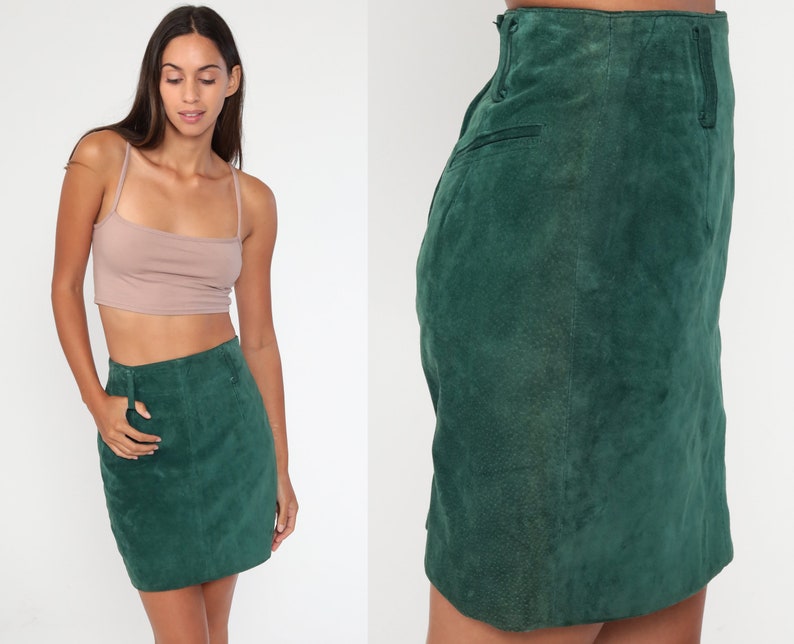 Green Leather Skirt 90s Mini Skirt Suede Wiggle Skirt Pencil Party Skirt 1990s Vintage High Waist Hipster Extra Small xs