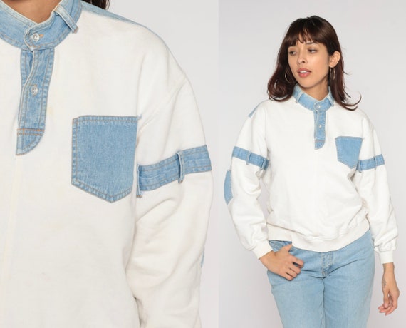 Denim Trim Sweatshirt 90s Henley Sweatshirt White Blue Jean Pocket Belt Loop Retro Streetwear Button up Pullover Vintage 1990s Small Medium