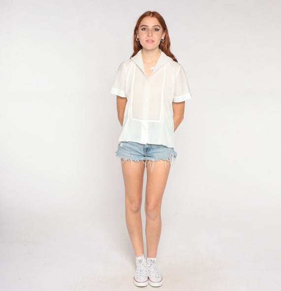 Sheer White Blouse 60s Top Nylon Nurse Uniform Collar Button Up Shirt 70s Boho Top Vintage 1960s Short Sleeve Bohemian Medium