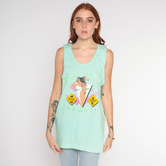 Bikini Inspector Shirt 80s Hawaii Tank Top Retro Pinup Sleeveless Graphic Tee Beach Tourist Vacation Surfer Mint Green Vintage 1980s Large