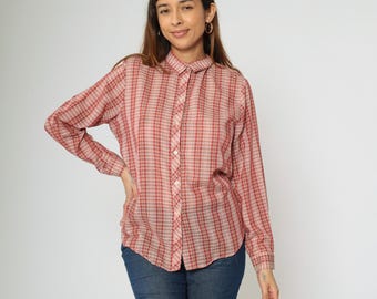 70s Checkered Blouse Pastel Pink Plaid Button up Top Collar Shirt Long Sleeve Retro Collared Vintage 1970s Medium