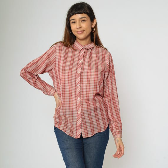 70s Checkered Blouse Pastel Pink Plaid Button up Top Collar Shirt Long Sleeve Retro Collared Vintage 1970s Medium