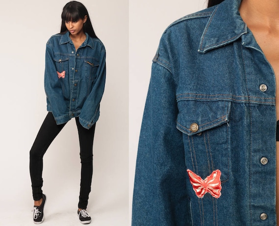 Denim Jacket 70s Jean Jacket BUTTERFLY PATCH Boho Blue Biker Trucker Vintage Oversized Bohemian 1970s Hipster Snap Up Large