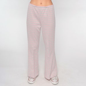70s Houndstooth Pants Flared Trousers High Waisted Bell Bottoms Pastel Pink Green Checkered Seventies Flares Vintage 1970s Small Medium image 7