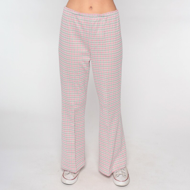 70s Houndstooth Pants Flared Trousers High Waisted Bell Bottoms Pastel Pink Green Checkered Seventies Flares Vintage 1970s Small Medium image 7