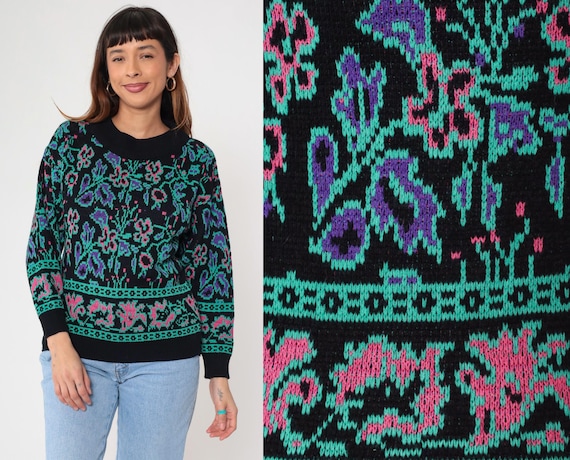 80s Abstract Floral Sweater Vintage 1980s Black Jacquard Knit 