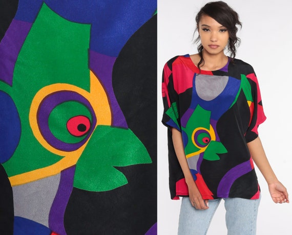 Abstract Bird Shirt Tropical Tshirt Summer Top Graphic Tee Vintage Retro T Shirt 90s Bright Blouse Small Medium