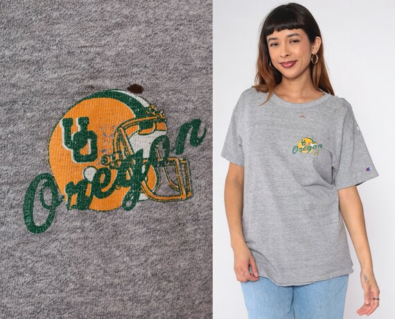 Vintage University Of Oregon Shirt 80s Ripped Destroyed Tshirt Distressed College Football T Shirt Grey Graphic Tee 1980s Champion Medium