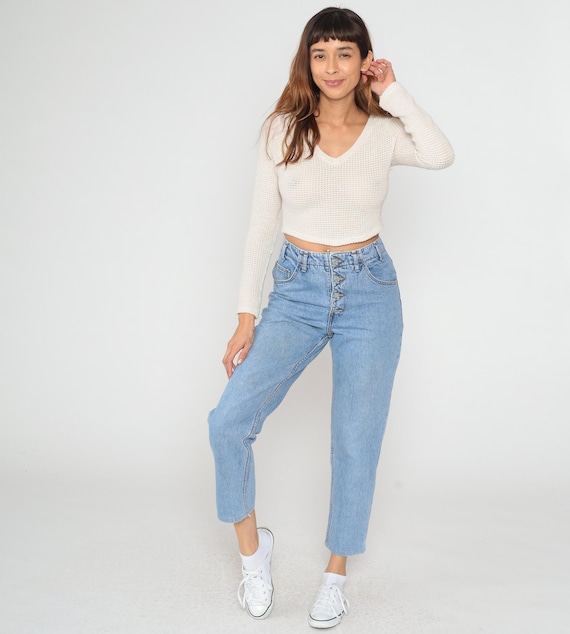 90s Guess Jeans High Rise Straight Leg Cropped Light Blue Denim Medium Wash Vintage Mom Jeans Relaxed Fit Classic Cotton Denim Size 30