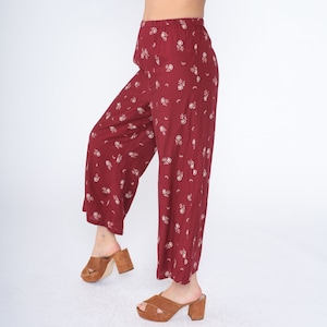 Red Floral Pants 90s Wide Leg Pants High Elastic Waist Boho Hippie Flowy Relaxed Cropped Ankle Pants All That Jazz Vintage 1990s Small S