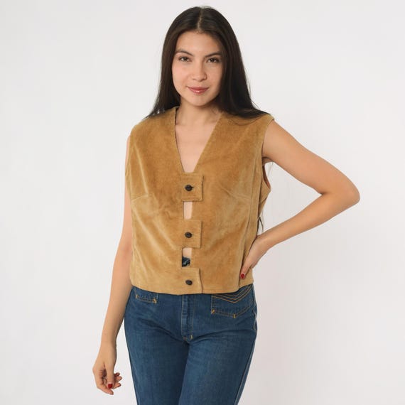 Vintage Tan Corduroy Vest 70s Boho Vest Top Keyhole Cut Out Bohemian Shirt V Neck Button Up Retro 1970s Small