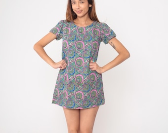 60er Psychedelic Mini Dress Paisley Pink Blau Grün Shift Baumwolle Vintage Mod Swirl Bunt Summer Daze Hippie Groovy Flower Power Small S