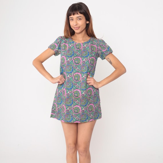 60s Psychedelic Mini Dress Paisley Pink Blue Green Shift Cotton Vintage Mod Swirl Colorful Summer Daze Hippie Groovy Flower Power Small S