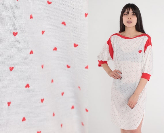 Heart Print Pajama Dress 80s Semi-Sheer White Red… - image 1