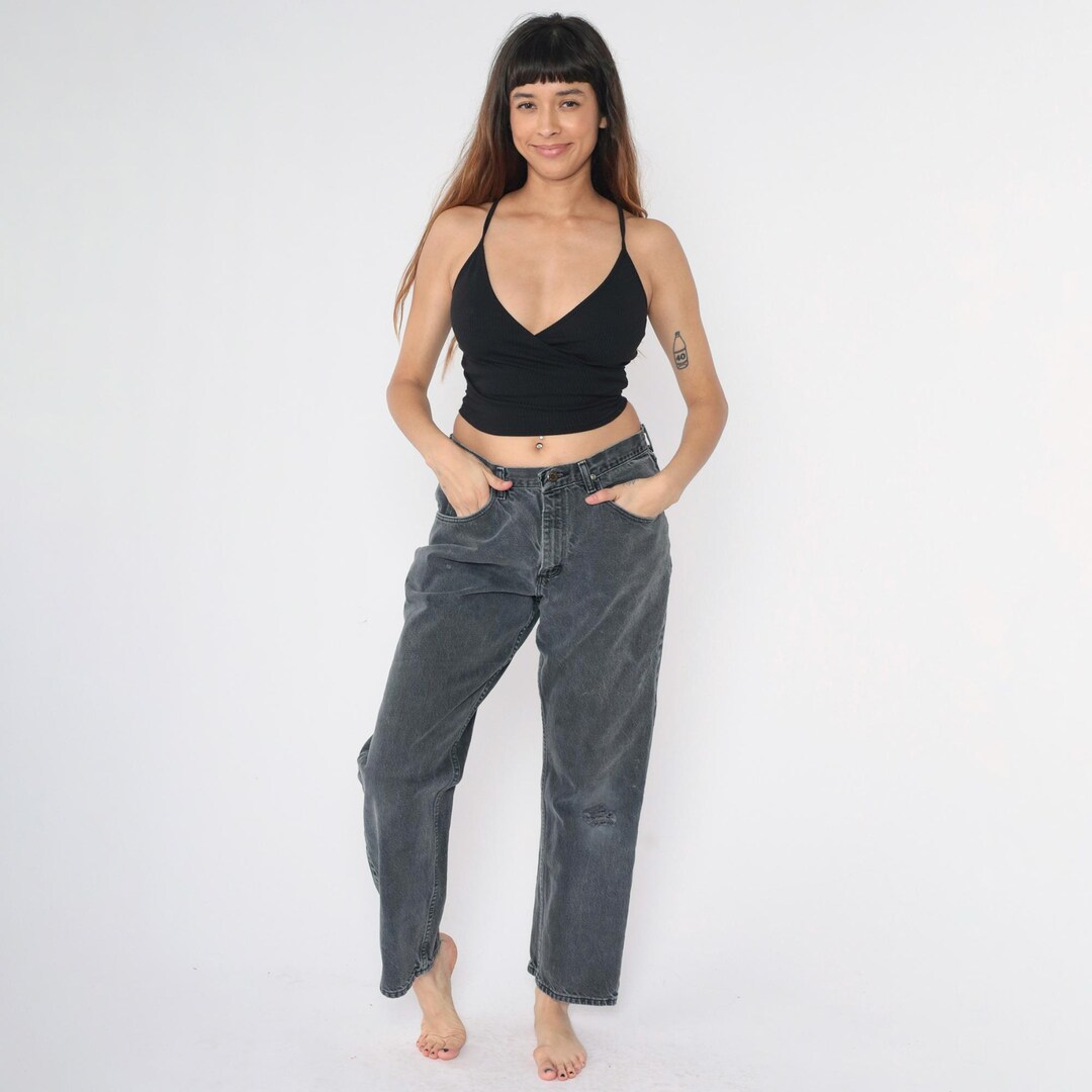 Faded Black Wrangler Jeans 90s Straight Leg Jeans Knee Rip High 