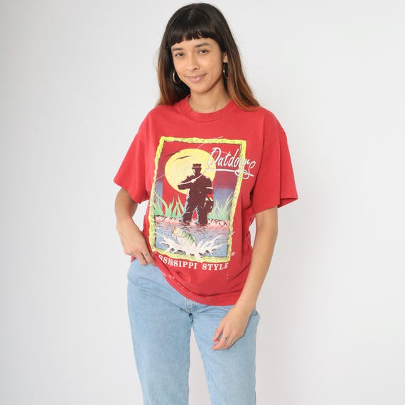 Vintage Mississippi Fishing T-Shirt Outdoors Mississippi Style Nature Tshirt 90s Red Graphic Tee Fisherman 1990s Hef-T Large L