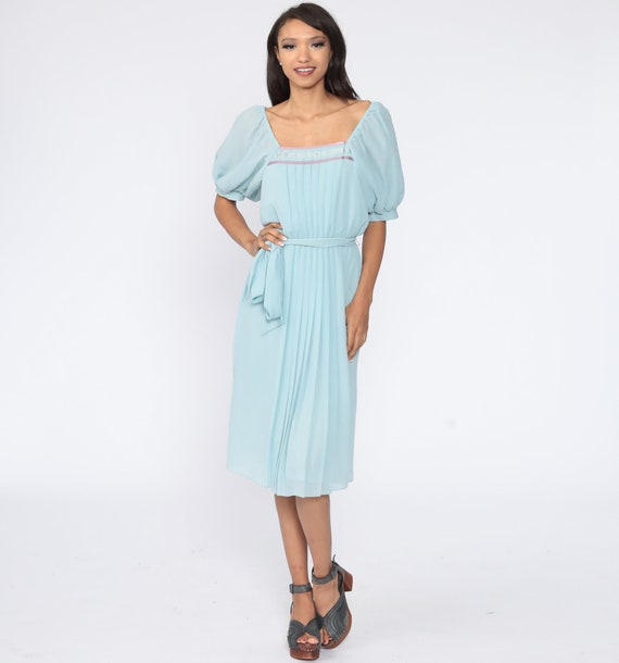 Baby Blue Dress 70s Boho Pleated Dress Peasant Dress Pastel Dress High Waisted 1970s Summer Midi Bohemian Puff Sleeve Small