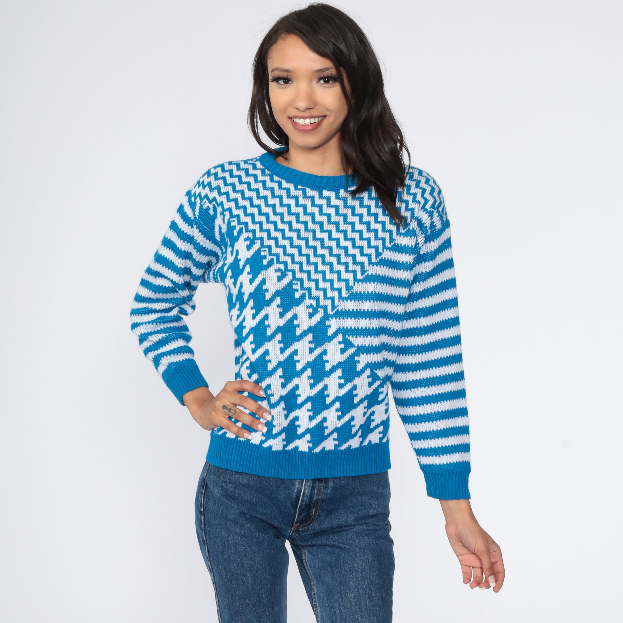 Checkered Sweater 80s Plaid Sweater Houndstooth Sweater Blue White