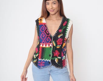90s Patchwork Vest Granny Square Colorful Multicolor Cotton V Neck Sleeveless Folk Hippie Boho Knit Pendleton Vintage Waistcoat Small S