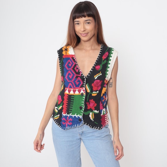 90s Patchwork Vest Granny Square Colorful Multicolor Cotton V Neck Sleeveless Folk Hippie Boho Knit Pendleton Vintage Waistcoat Small S