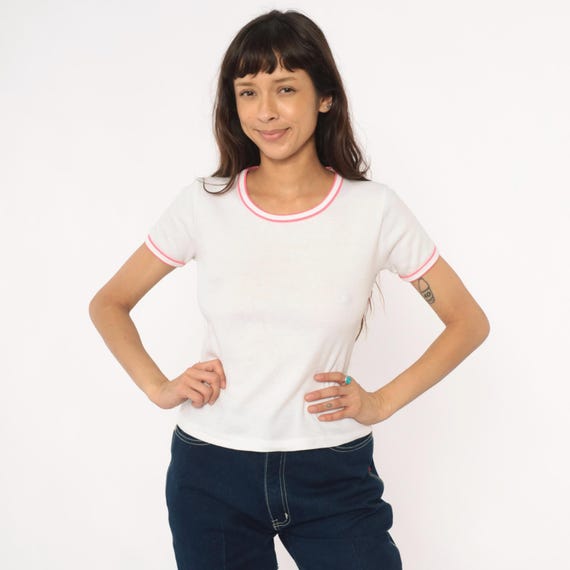 Pink Striped Ringer 80s White Tee Cotton Short Sleeve Summer Coquette Preppy Clean Girl Minimalist Baby Vintage Fitted Athletic Top Small S