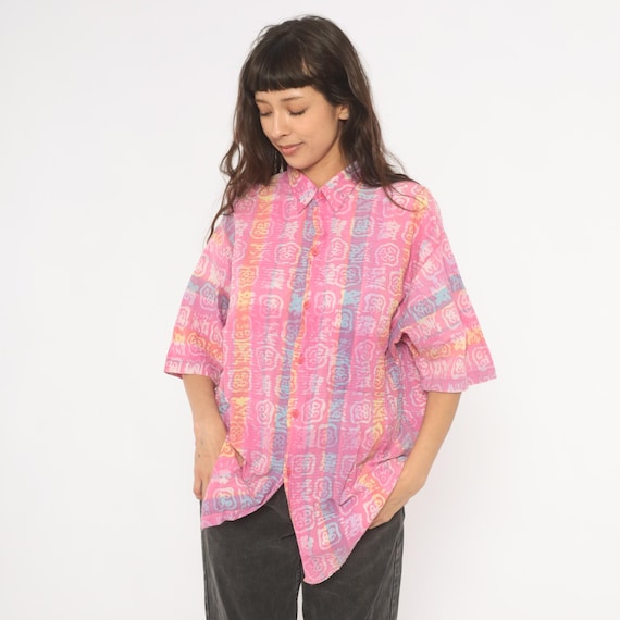 90s Batik Print Shirt Pink Abstract Cotton Collared Blouse Pastel Multicolor Tribal Pattern Relaxed Fit Summer Beach Top Rainbow Large L
