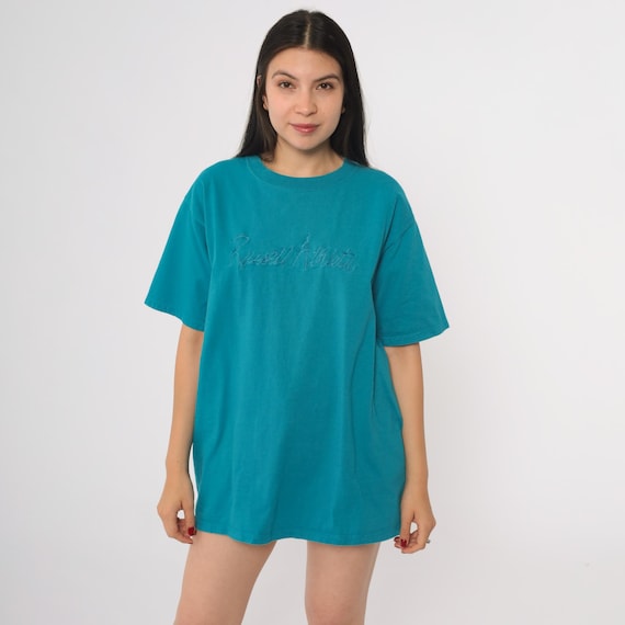 90s Teal Tshirt Russell Athletic Embroidered Logo Cotton Streetwear Baggy Fit Casual Sports Athleisure Retro  Large L