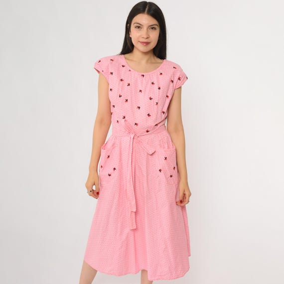 70s Bee Dress Pink Honeycomb Print Embroidered Cap Sleeve Cottagecore Garden Party Wrap Midi  Romantic Summer Whimsical Medium Large ML