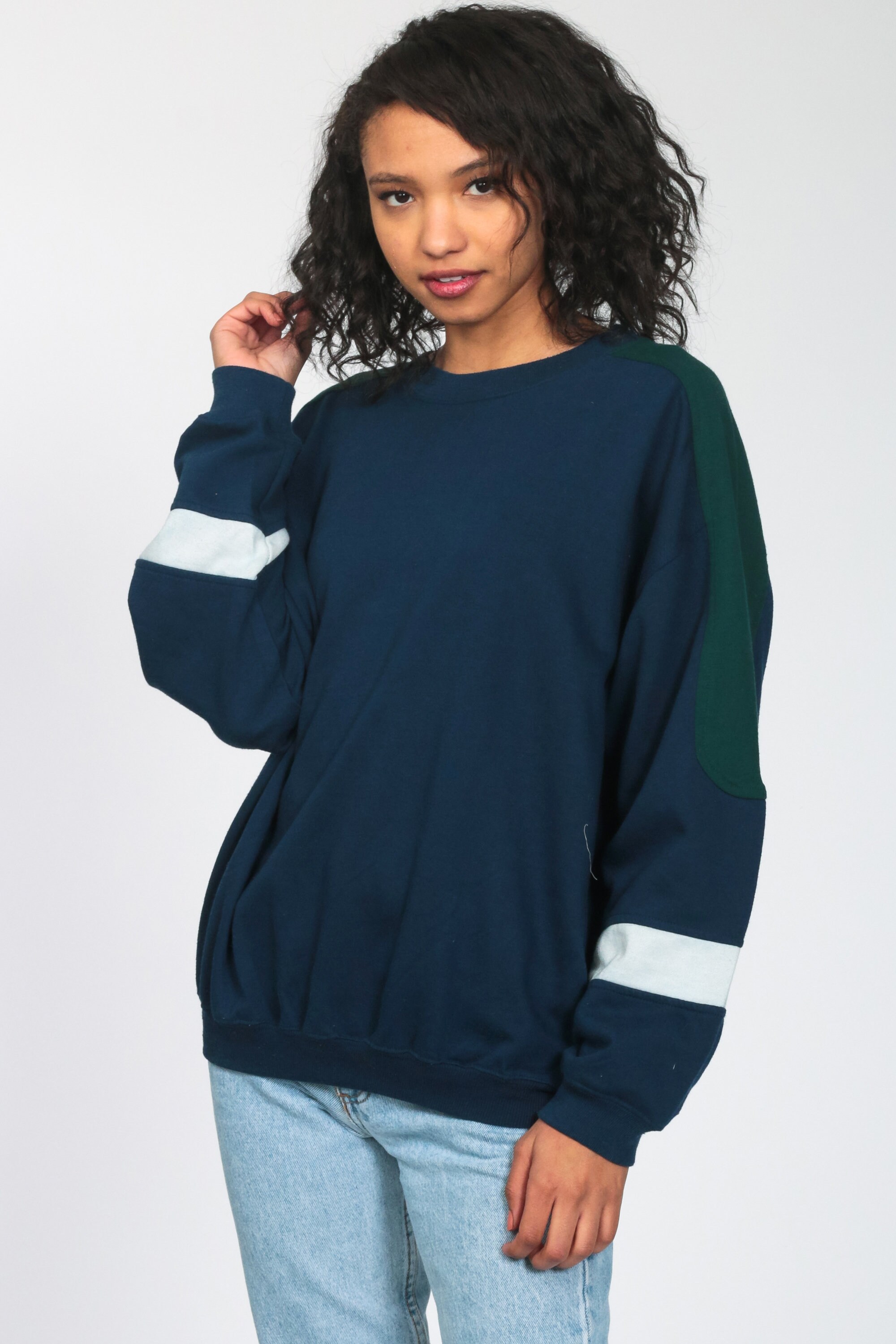 80s Color Block Sweatshirt Blue Striped Sweater Sportswear Crewneck Pullover 1980s Vintage 