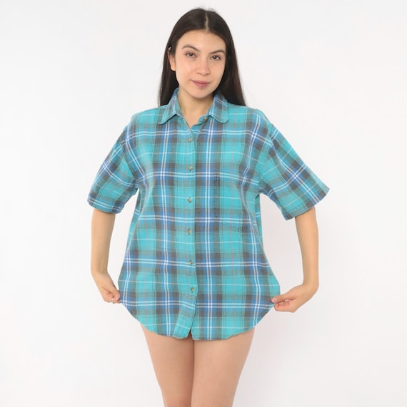 90s Plaid Flannel Shirt Teal Blue Grey Button Front Cotton Checkered Top Grunge Blouse Aqua Turquoise Summer Camp Casual Vintage Medium M