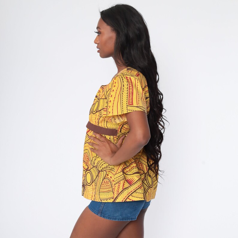 African Babydoll Top 70s Hippie Shirt Puff Sleeve Boho Yellow Top Bohemian Tribal Empire Waist Shirt Vintage Short Sleeve Medium image 4