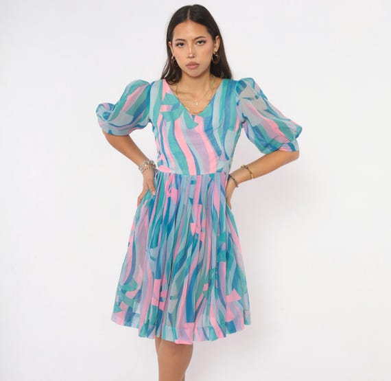 60s Mod Abstract Print Dress Teal Pink Pastel Swirl Puff Sleeve V Neck  Fit Flare Semi Sheer Blue Green Summer Garden Party Vintage Small S