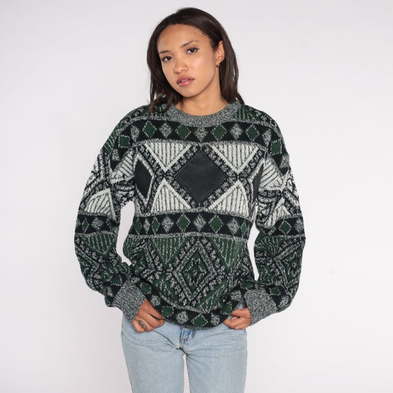 Geometric Leather Sweater Green Black White 90s Checkered Slouchy Leather Patch 1990s Acrylic Vintage Crewneck Slouchy Men's Large L