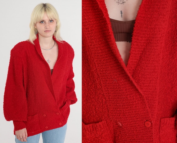 Red Cardigan 80s 90s Nubby Knit Sweater Double Breasted Button up Power Shoulder Shawl Collar Jumper Knitwear Acrylic Vintage 1990s Large L