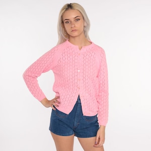 Pink Pointelle Cardigan Sweater 70s Open Weave Sheer Bright Pink Sweater Vintage Acrylic Knit 80s Slouchy Grandma Slouch Small image 2