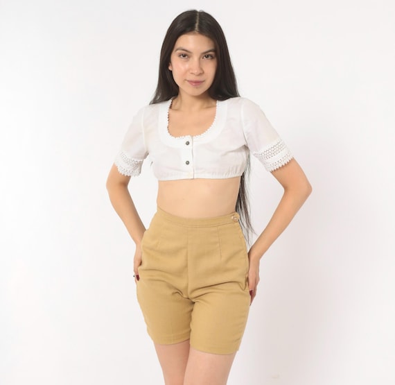 70s High Waisted Shorts Tan Cotton Linen Khaki Pin Up Hot Pants Sand Camel Fitted Short Bottoms Preppy Summer Vintage Beige Extra Small XS