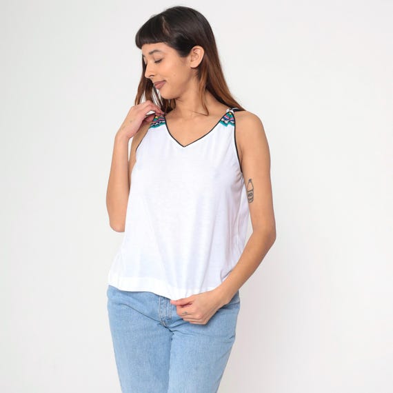 90s Tail Tank Top White Sleeveless Shirt Colorful Geometric Striped Detail Vintage V Neck Surfer Top Athletic Wear Medium Large