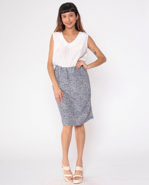 Blouson Floral Dress 80s Blue White Ditsy Print Midi Dress Retro Elastic Waist Sleeveless V Neck Pencil Dress Slouchy Vintage 1980s Small