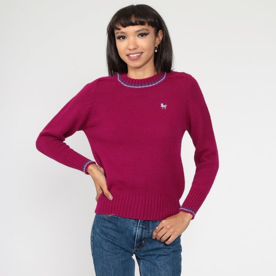 Purple Horse Sweater Ringer Sweater 80s Slouchy Acrylic Knit Sweater Pullover Jumper 1980s Plain Fall Sweater Vintage Small S