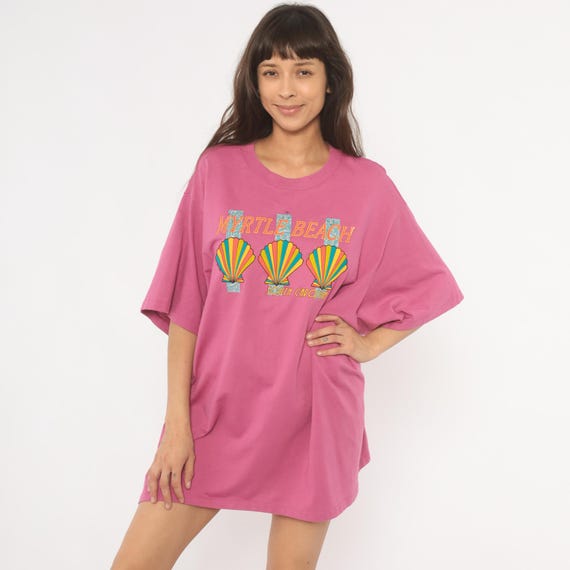 Myrtle Beach Tee 90s Loungewear Sleep Souvenir Shirt Pink Seashell Tourist Top Colorful Shell Print Vacation Summer Mauve Extra Large XL