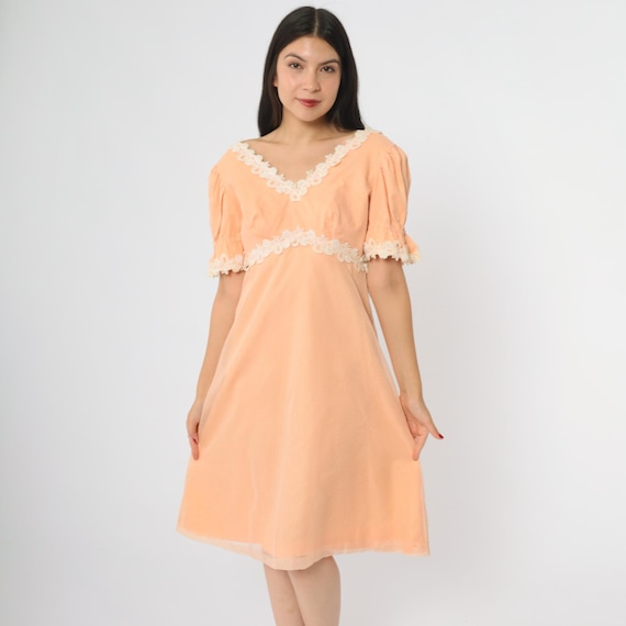 Babydoll Dress 70s Peach Orange Polka Dot V-Neck Puff Sleeve Lace Trim Vintage Mod Cottagecore Romantic Prairie Boho Cute Sweet Small S