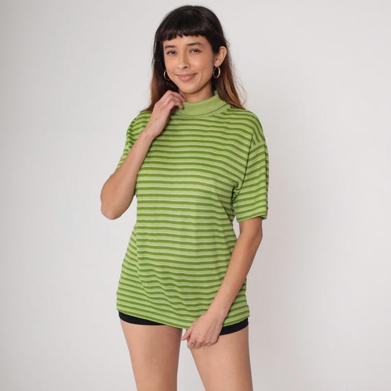 70s Mock Neck Top Striped Green Lime Short Sleeve Vintage Turtleneck Oversized Boxy Fit Mod Casual Tee Knit Pullover Medium Large M L