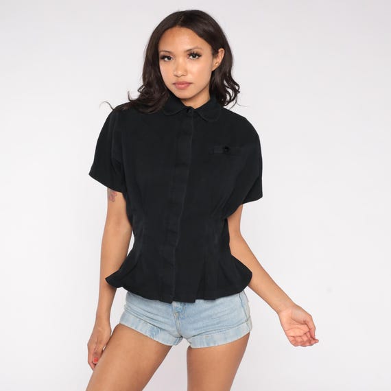 Peplum Button Up Shirt 90s Black Short Sleeve Blouse Peter Pan Collar Waist Office Wear Brand Minimalist Gothic Dark Academia Medium M