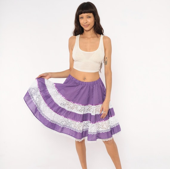 80s Purple Polka Dot Skirt Lace Tiered Prairie Cotton White Floral Trim Violet Lavender Cottagecore Ruffle Circle Country Vintage Medium M