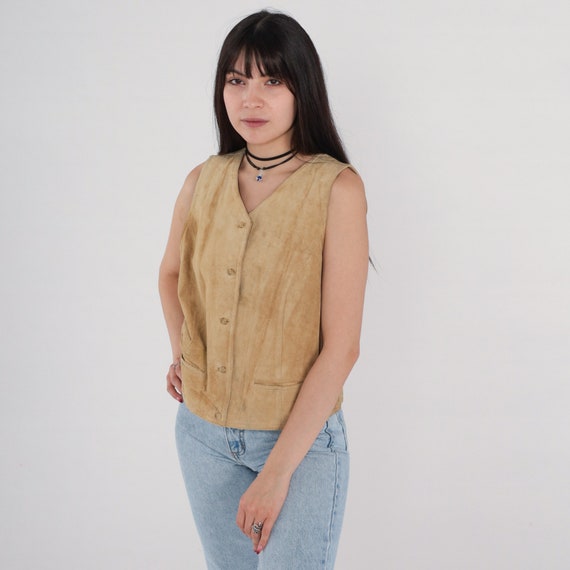 Tan Suede Vest 90s Pig Suede Leather Vest Liz Claiborne 1990s Western Vest Button up Vintage Vest Retro Sleeveless Vest Medium 10